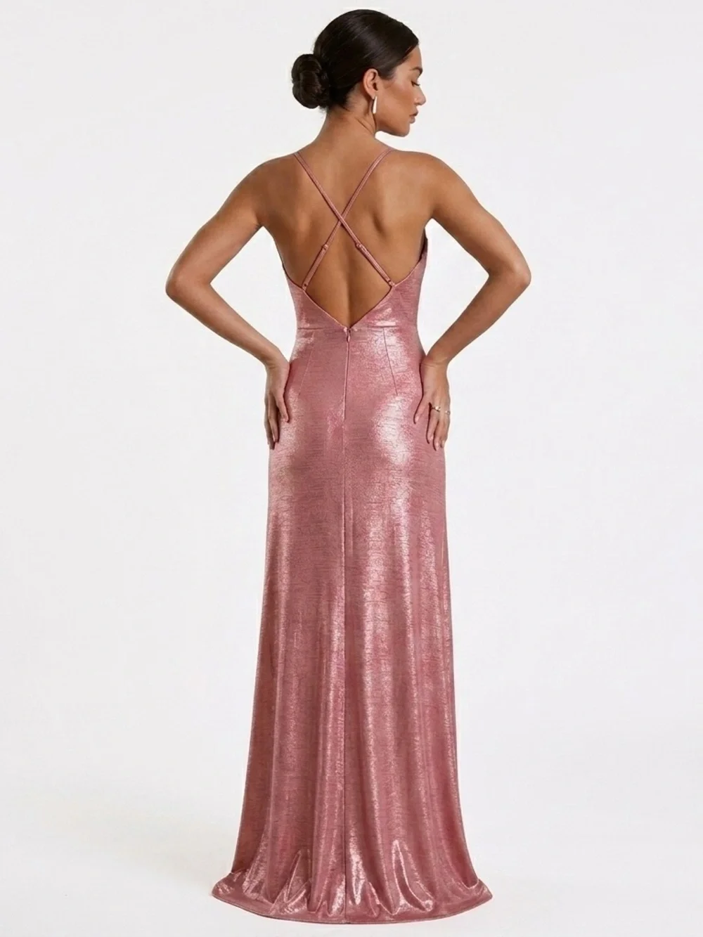 Morgan & Co. Metallic Pink Cowl Neck Maxi Dress - S - Picture 2 of 6